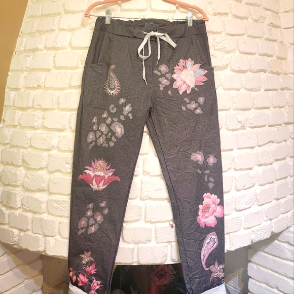 NT By Amati Made In Italy Grey Floral Embellished Faux Jean Stretch Pants One Sz - Picture 1 of 8